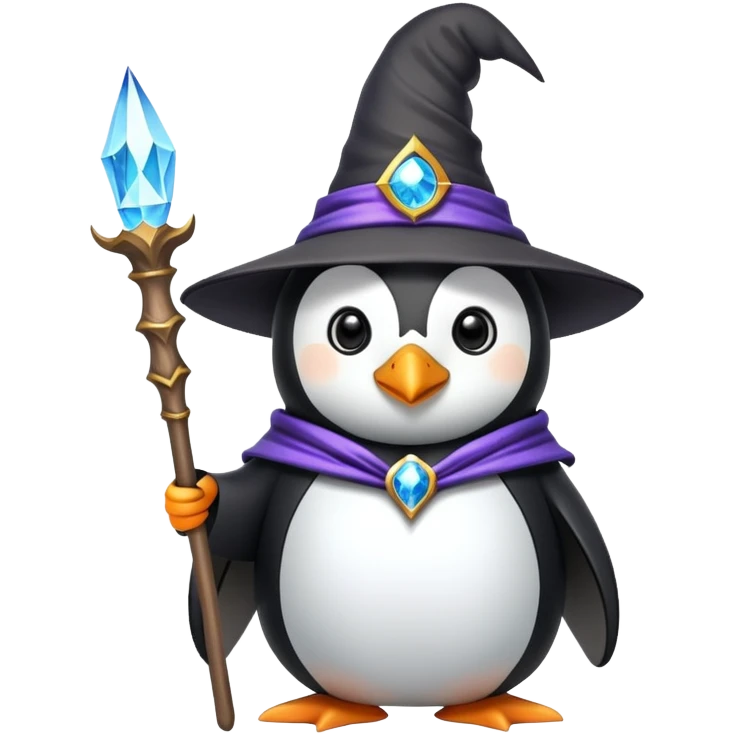 penguin dressed as a wizard with magical staff and pointy hat emoji