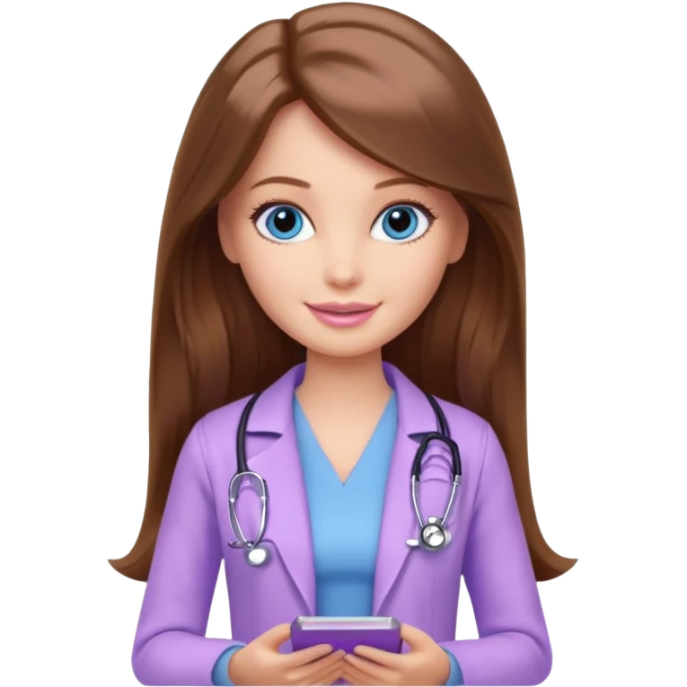 beautiful barbie girl with long brown hair, blue eyes and wearing light purple clothes watching doctor who emoji