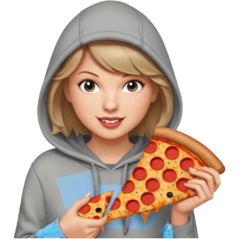 Taylor Swift, wearing hoodie, holding a slice of pizza





































 emoji