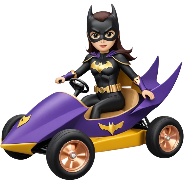 Hot full size real size-appearance electric road racing sexy BatGirl’s feminine midnight-colored tight outfit sixty’s tv show 1992 dark stealthy sporty safe plush petite off-road pursuit cruiser car rose gold accents (black hair,reclined and relaxed torso and shoulders seating position) go kart  emoji