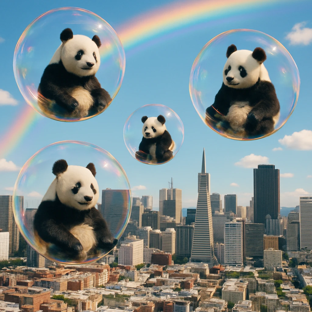 Cinematic still pandas bears sitting inside bubbles flying around San Francisco downtown, sunny summer day, happy vibe, colorfull surround, rainbow emoji