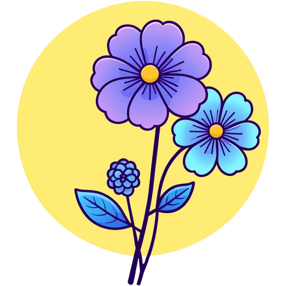 Whimsical hydrangea flower with sweet expression, fluffy round flower cluster in lovely purple-blue gradient, and adorable small leaves emoji
