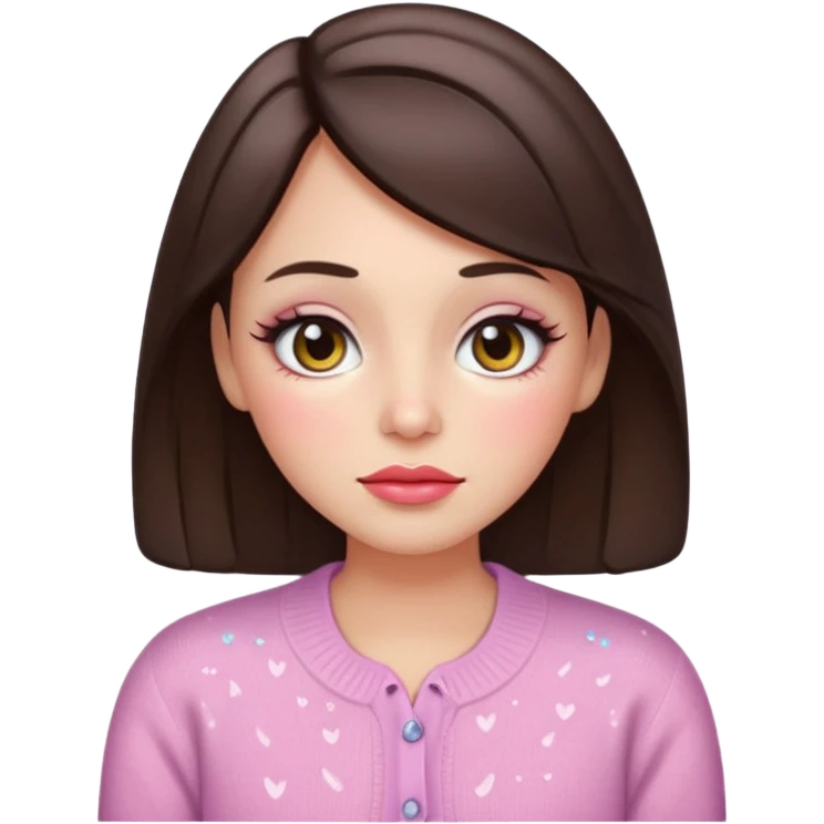 “Emoji brunette girl, dewy skin, heavy blush across cheeks and nose bridge, glossy cherry lips, soft eyeliner, teary sparkling eyes, pastel cardigan.” emoji