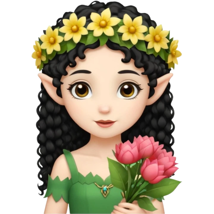 tiny Elf with Flower Crown, curley hair black, with flower bouquet emoji
