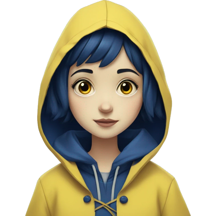 Coraline in yellow raincoat cute girl dark blue short hair lolita emoji