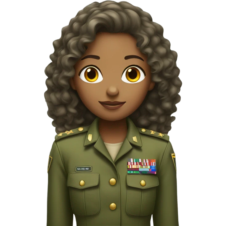 A girl with long curly hair wearing a green army uniform emoji