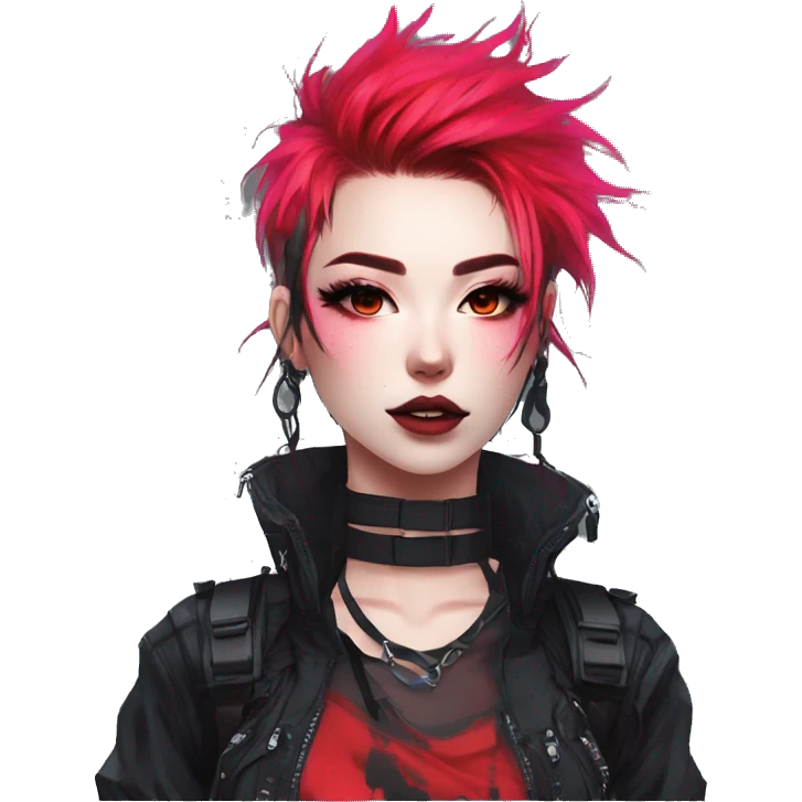 Gorgeous bright colorful neon gothic techwear anime style lady with blushing face aesthetic and pretty edgy black red punk messy hair with collar and harness trending style emoji