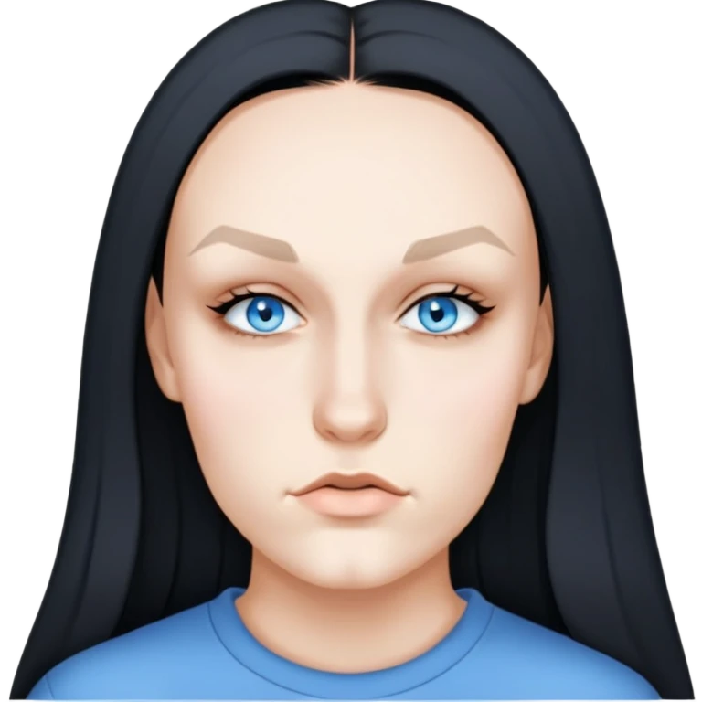 female, wearing grey sweatshirt, long black hair, bleached eyebrows emoji