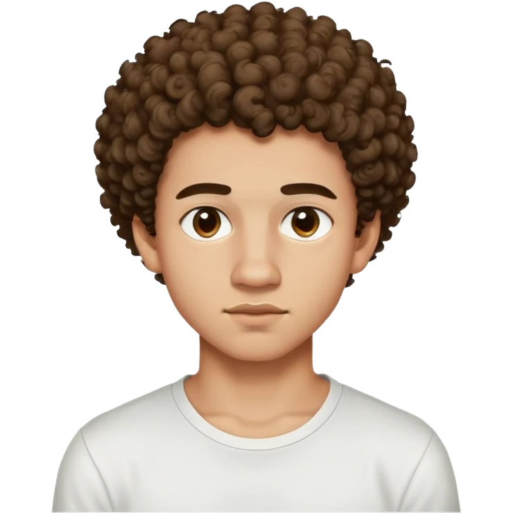 a 17 year old light-skinned boy with slightly brown eyes, small mustache above his lip, very curly hair like a small afro with cut sides, one twisted curl falling on his forehead, wearing a tight white shirt emoji
