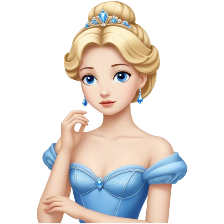 Cinematic Realistic Noble Cinderella Portrait, depicted with porcelain skin rendered in lifelike detail and soft, natural lighting that highlights every delicate nuance. Her intricately styled golden-blonde hair is arranged in an elegant updo, and her deep, expressive blue eyes radiate quiet determination. She wears her classic ball gown with rich fabric textures and delicate folds catching the light beautifully, all set against a subtly glowing, natural background that captures the essence of timeless royal grace. emoji