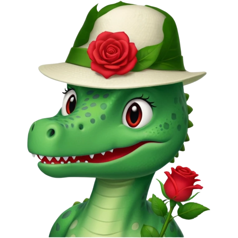 Dorothy the Dinosaur from The Wiggles with white hat with red rose, green skin emoji