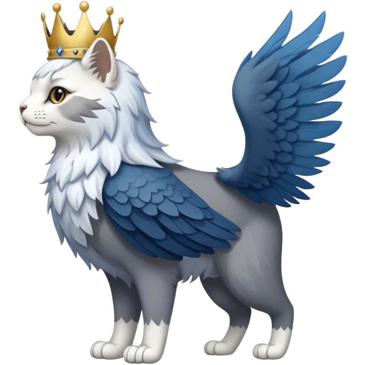 A side view of a standing, slender cat with eagle wigs, a white crown, and blue and grey fur emoji