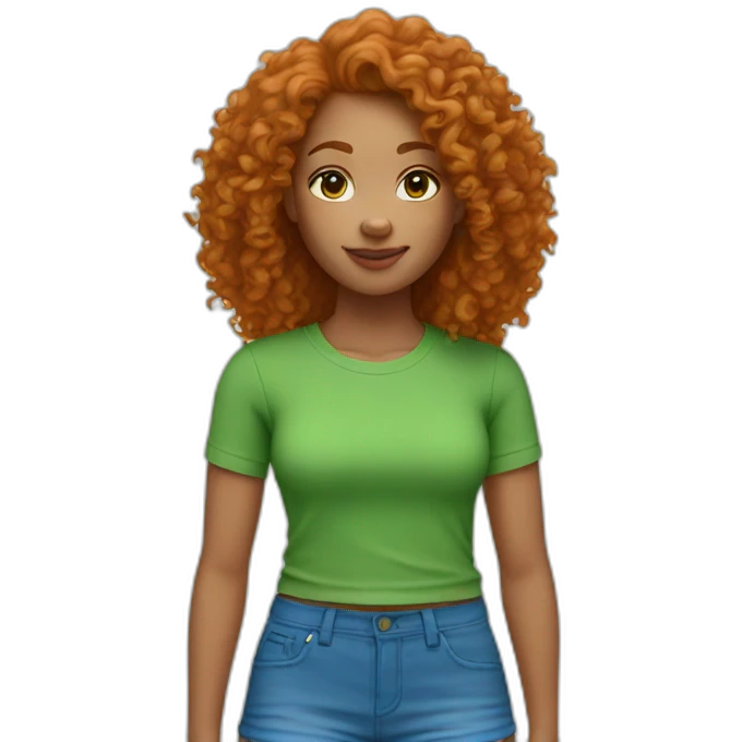 Curly Ginger woman, green crop top, blue shorts, light skin emoji