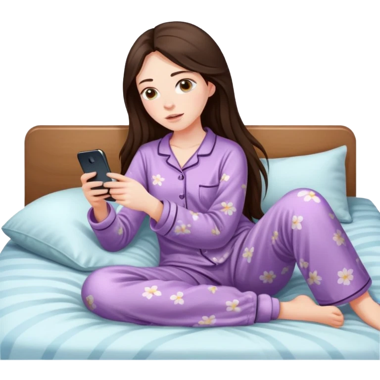girl with long dark brown hair and pale laying in bed in pajamas looking at her phone emoji