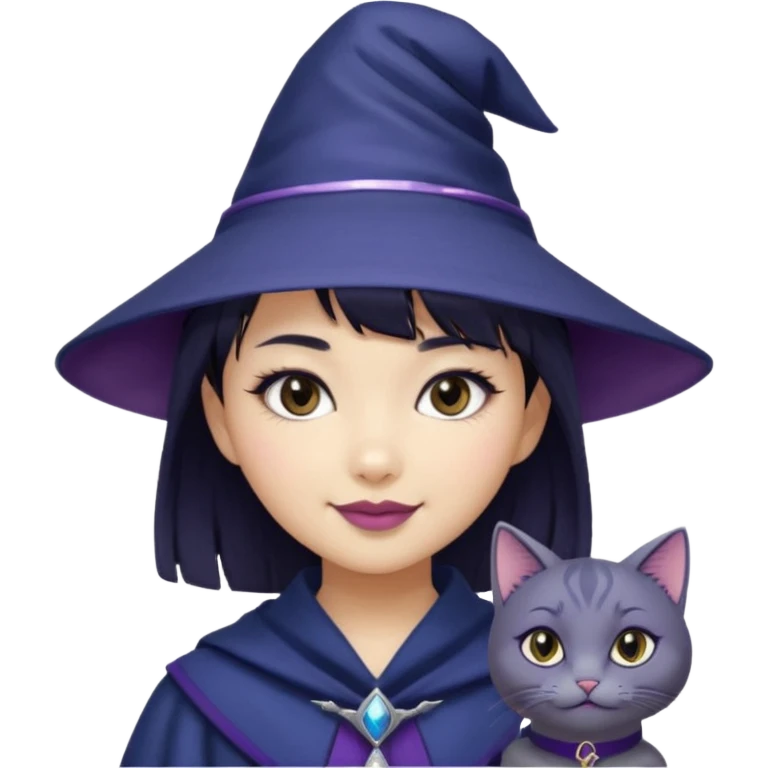 an asian short haired girl with short raven hair with bangs, with her silver left eye and dark brown right eye, with cat-eyed eyeliner, and grinning with her tiny fang of mauve toned lipstick, with dark navy wizard hat with an emblem on her hat. emoji