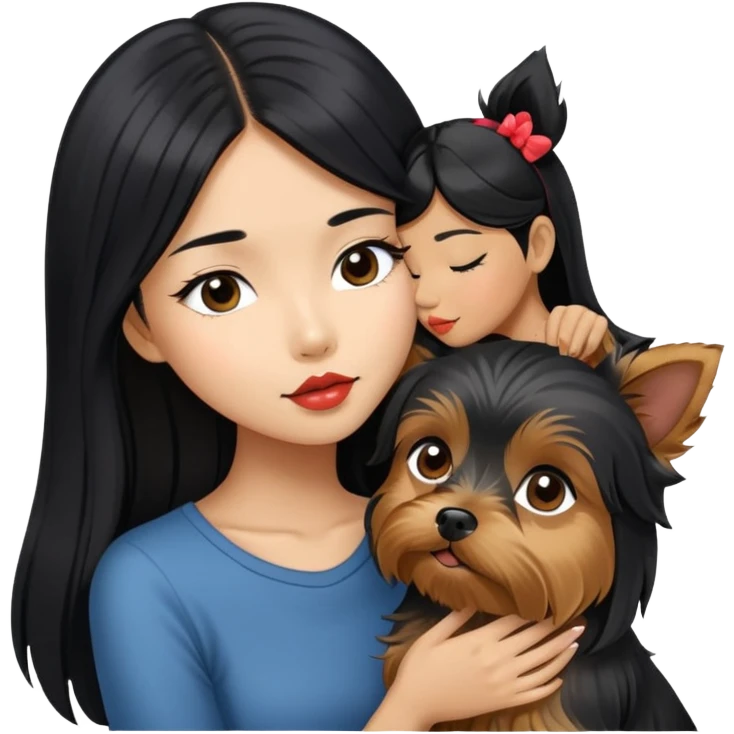 A beautiful Asian girl with long black kissing her yorkshire terrier emoji