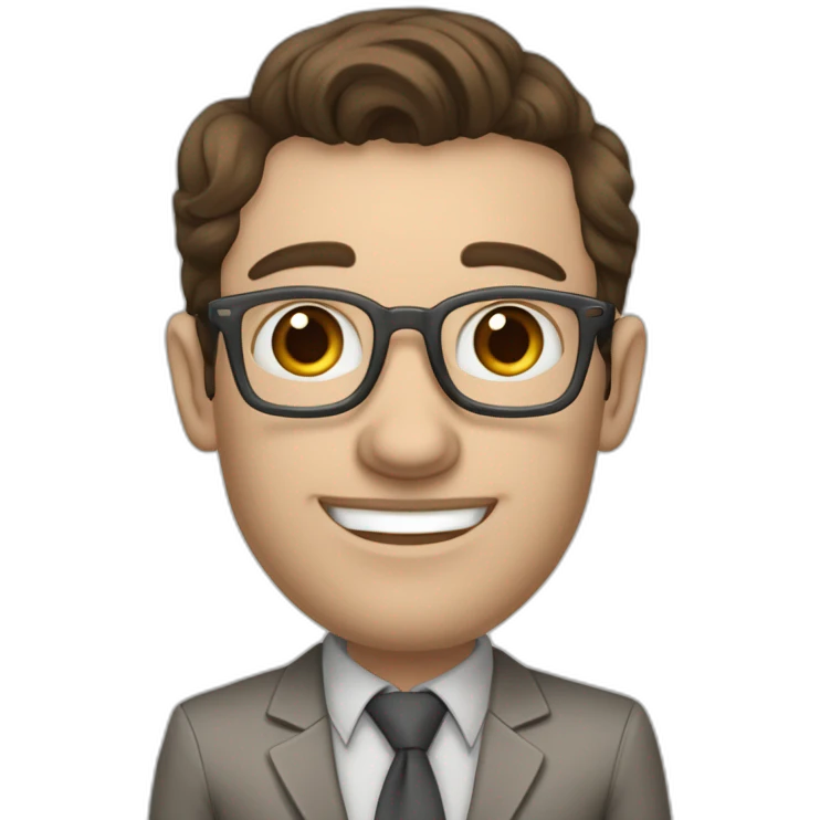 Pale skinned fit man with dark brown hair in gray jacket, beige office shirt, brown tie, brown pants and vintage glasses Writing text on the flipchart emoji