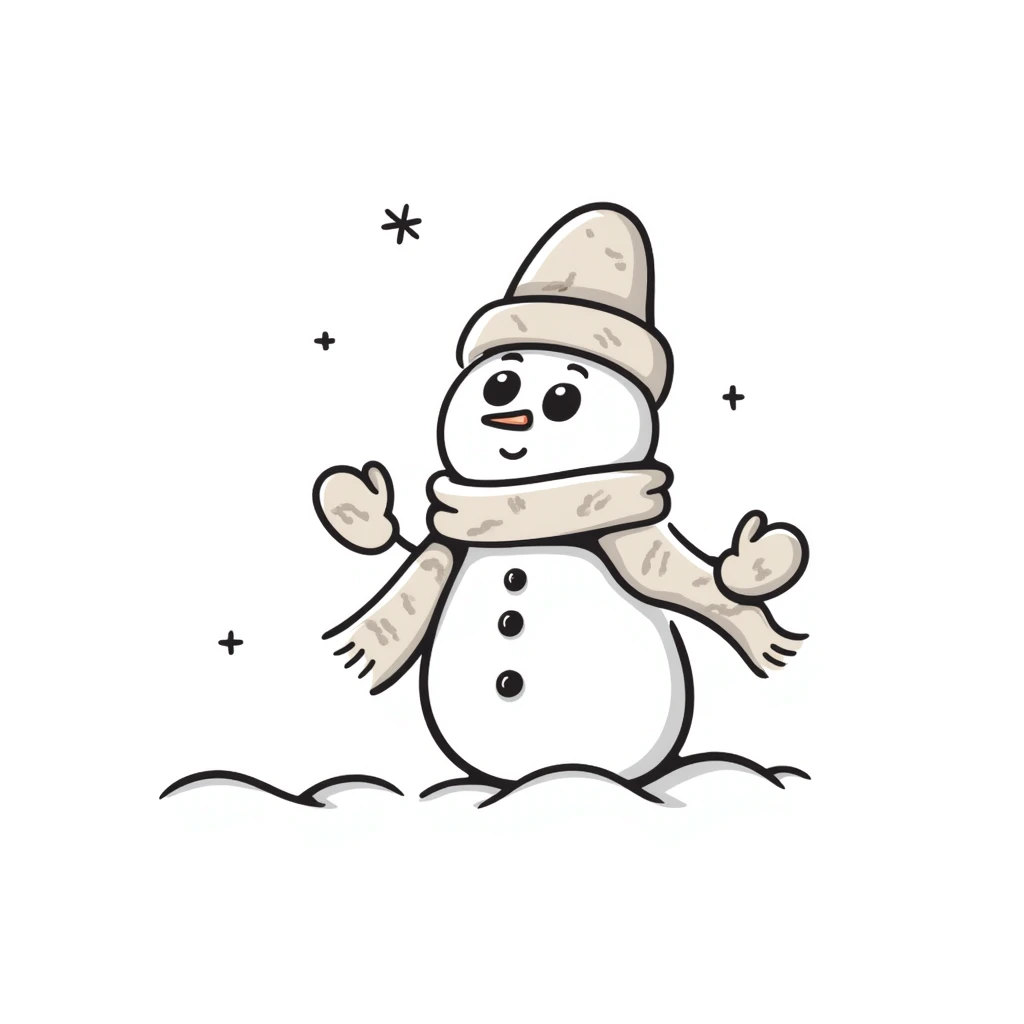 A cute snowman with scarf and winter accessories in pastel colors (dd9fb0, ffc6d3, a3bfc9, c4bee2, f1b091), hand-drawn doodle style emoji