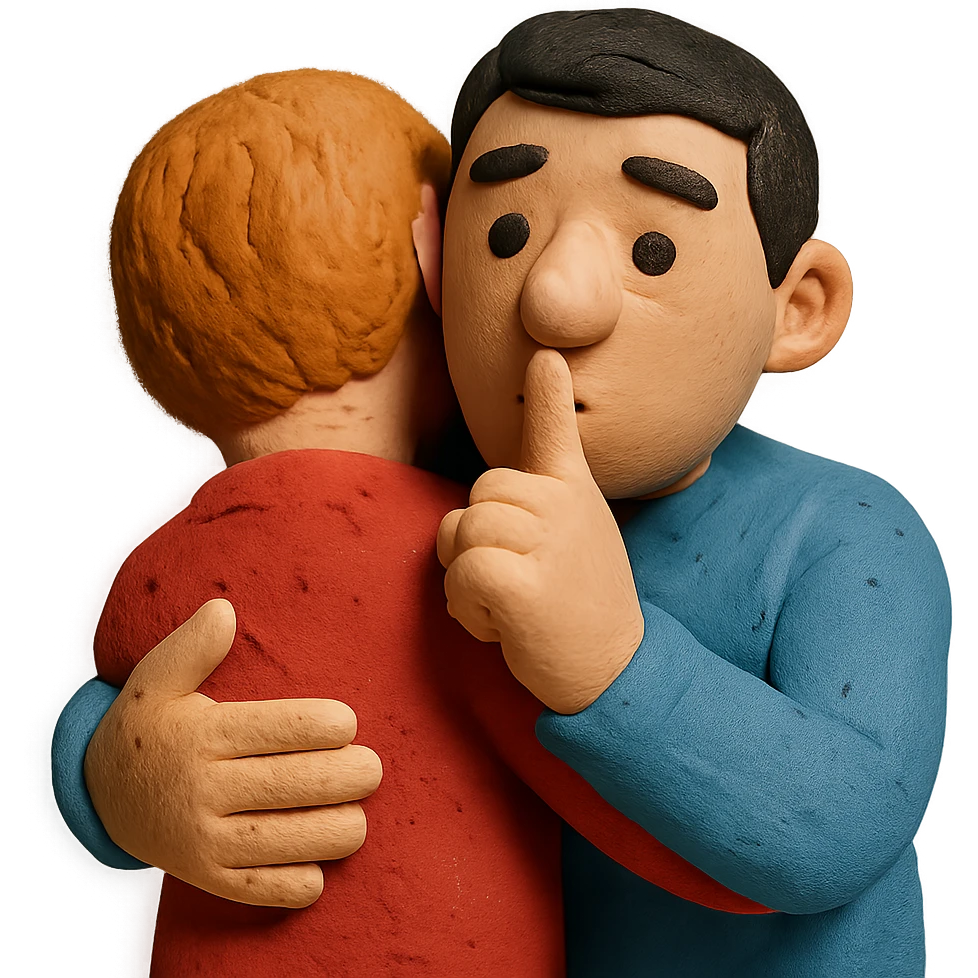 man hugging another person while making a quiet sign emoji