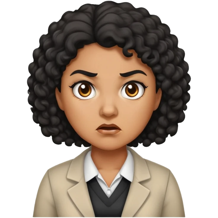 An angry female teacher with brown skin, black curly hair, and slightly chubby emoji