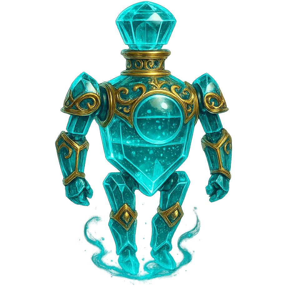 premium class crystal elixir bottle in robot shape, cyan color, lots of glowing, edges, ornaments, golden details, magical effects, very small golden collar, transparent background, beautiful merging base, clearly floating in the air, no base or shadow, very luxurious, futuristic, matching the collection emoji