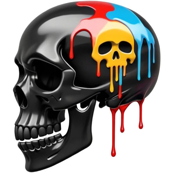 glossy black skull with street style colorful graffiti drips and iconic sports brand logos, side profile emoji