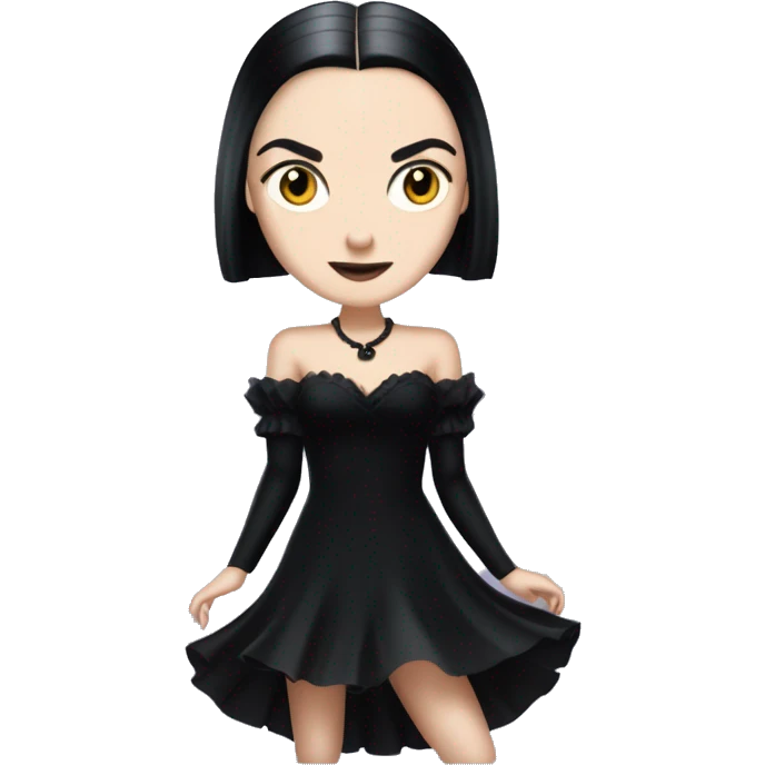 wednesday addams dancing with werewolves. high beauty face. short black flowing strapless evening gown with  plunging neckline that’s off-the-shoulders that also shows her legs and black shiny velvet high heel shoes. emoji