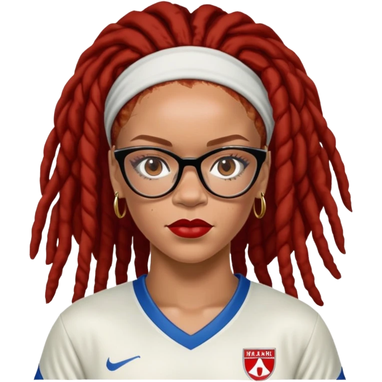 Rihanna with freckles and soccer mom dreadlocks island red and white jersey and cateye eyeglasses emoji