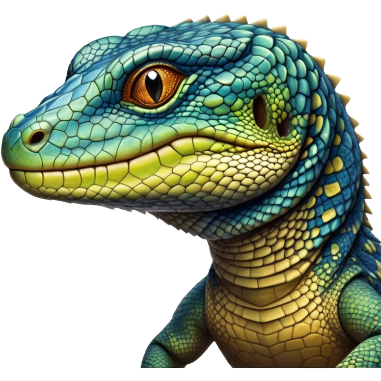 Cinematic Noble Monitor Lizard Portrait Emoji, Poised and regal, with a robust, scaled body exhibiting striking, mottled patterns and piercing, alert eyes, Simplified yet sharp and sophisticated features, highly detailed, glowing with a soft, earthy glow, high shine, intelligent and formidable, stylized with an air of ancient wilderness, focused and commanding, soft glowing outline, capturing the essence of a watchful and confident reptilian guardian that appears ready to stride out of the screen with effortless authority! emoji