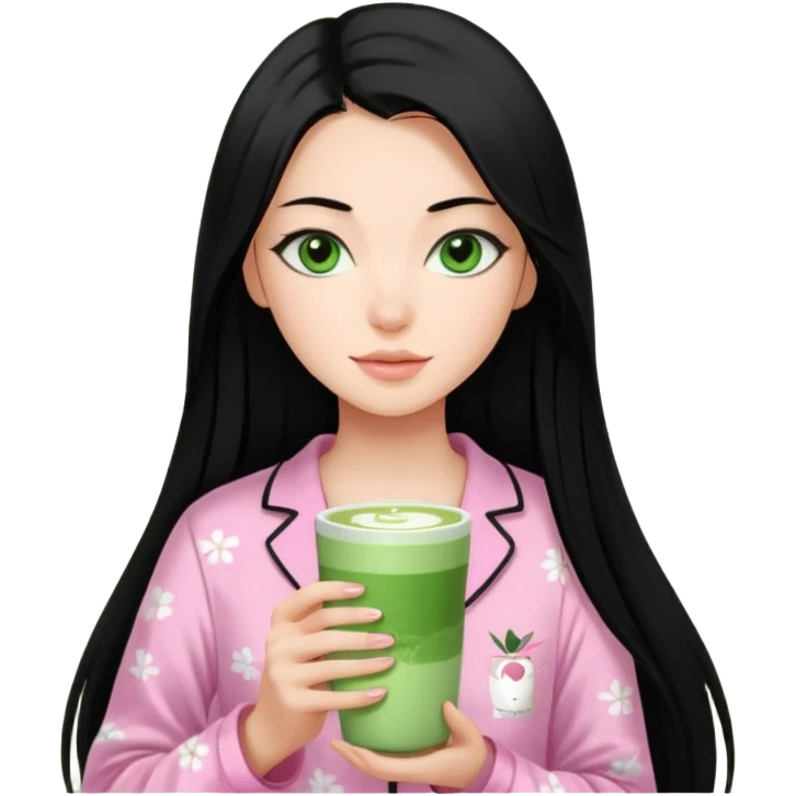a 18 year old woman pin straight long black hair green eyes pink Victoria secret pjs with matcha emoji