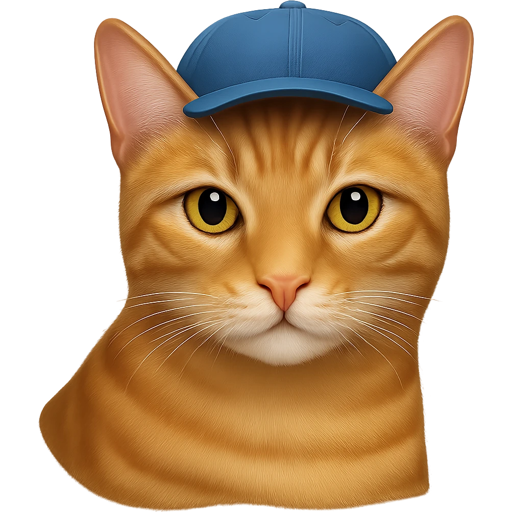 Change the cat's face expression to normal, keep the blue cap, and set the background to transparent. Maintain a style as close to the original realistic emoji as possible, with detailed fur texture and lifelike appearance. emoji