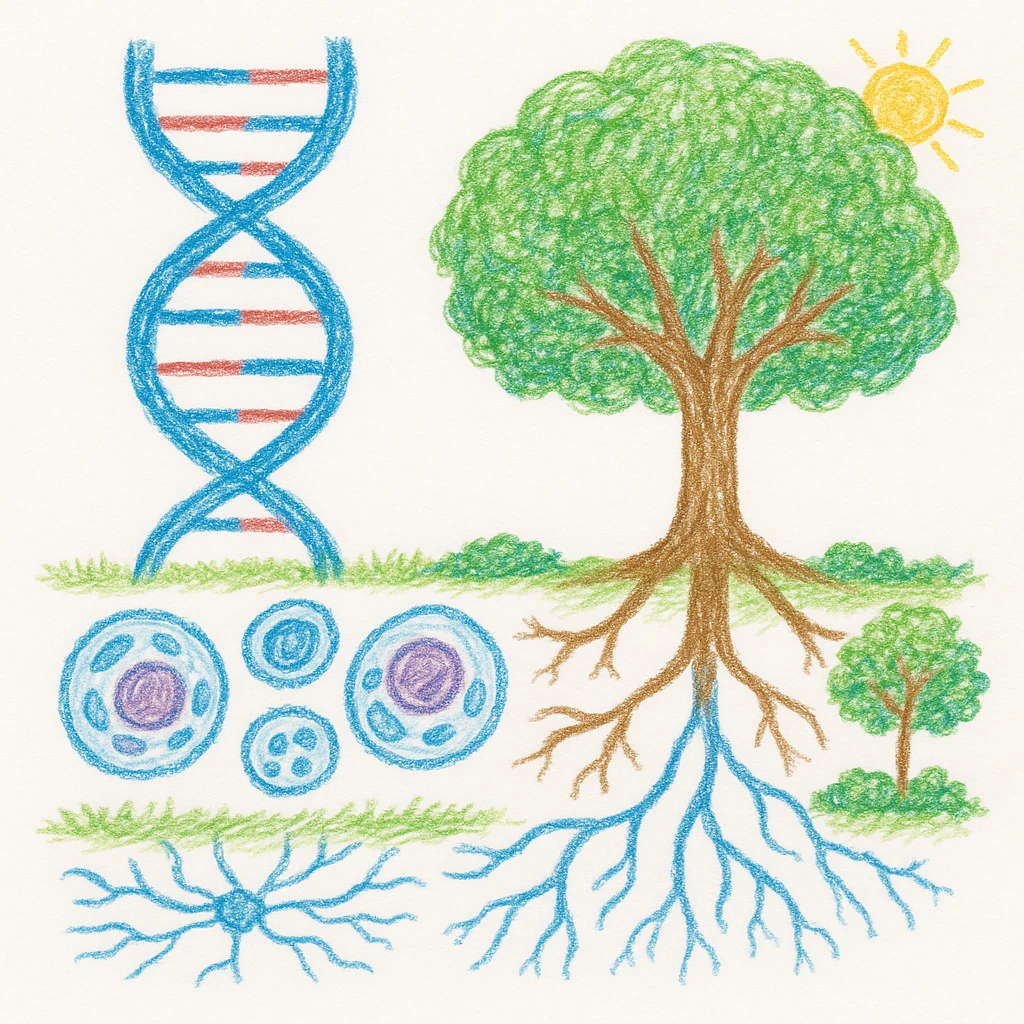 A realistic biological illustration (like in a school book) showing: DNA strands transitioning into a tree, cells with visible organelles, neurons connected to plant roots  and a balanced ecosystem background . Seamless integration, no labels or borders, complete white background (not off white!), detailed but minimalist.  emoji