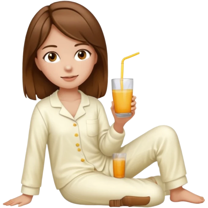 Menina de cabelos castanhos de corpo inteiro, pijama marfim tomando suco  emoji