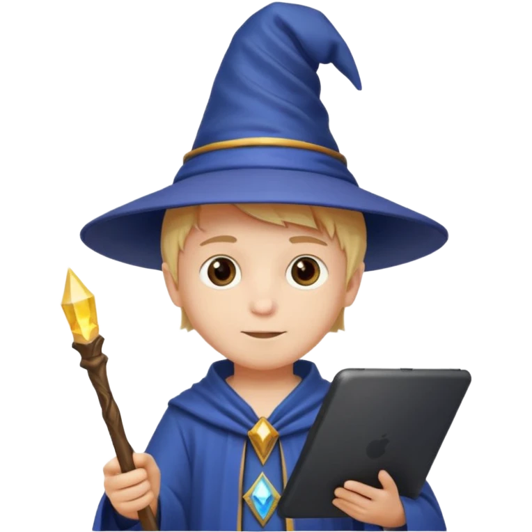 3D imoji of  The little boy who is a magic designer, he is a graphic designer, he should not be holding anything hand down emoji