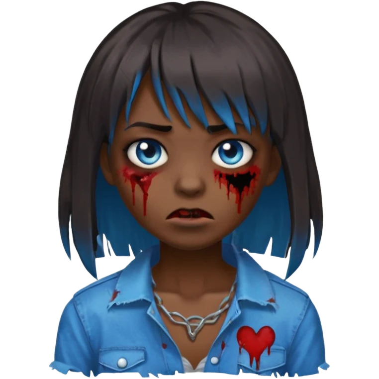 zombie emoji 🧟‍♀️ dark hair long her shoulders bangs emo and ragged haircut blue eyes emoji