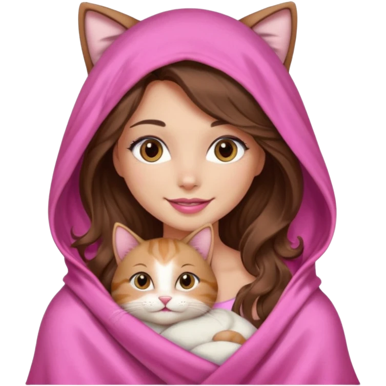 girl with long wavy brown hair, brown eyes, long lashes makeup, sexy pink lips, light to medium complexion, wearing a pink sexy silk top, big blanket over the head cozy holding a cat,  emoji