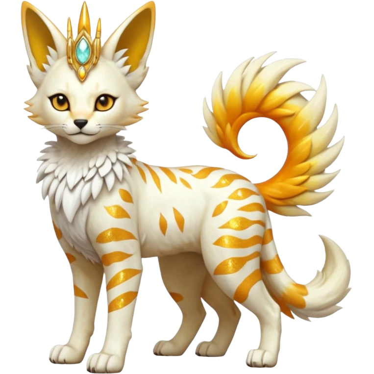 Epic complex fantasy glorious detailed futuristic divine godly angelic feathery sunny, white, albino, pastel, golden, orange glowing sparkly, realistic Fakémon-Trico-Sergal-Serval-Solgaleo-Vernid-creature (full body) solarpunk, shiny sparkly with a gold laurel emoji