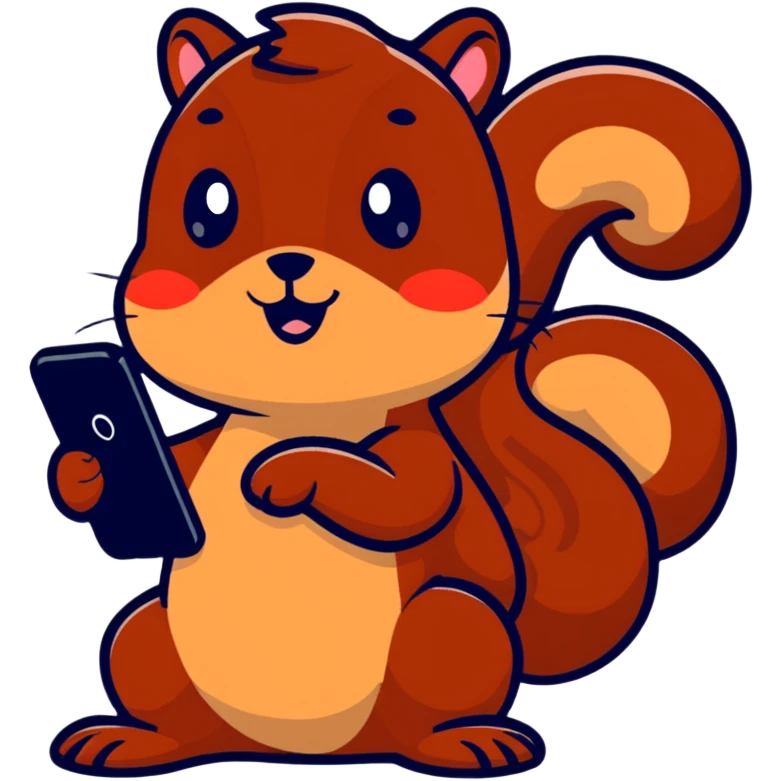 adorable brown squirrel with blushing red cheeks holding a smartphone emoji