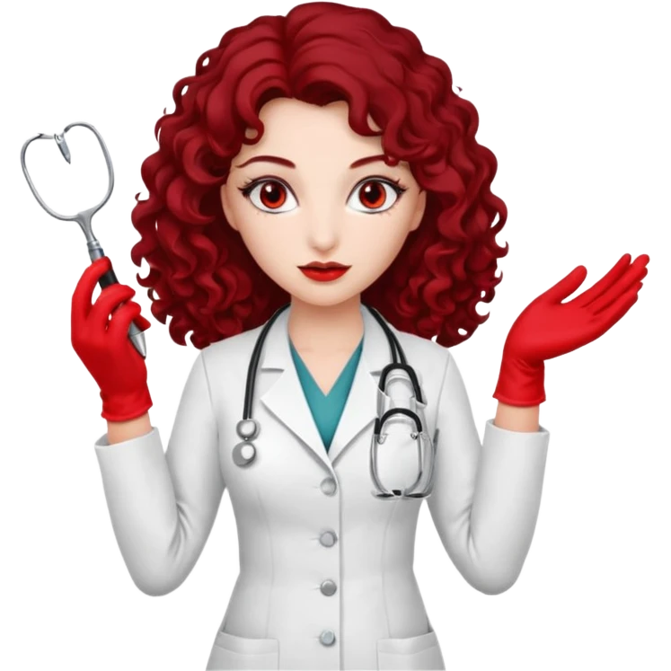 Lilith scalpel in hand, evil surgeon outfit.  She has red eyes. She has dark brown long curly hair. Wears sexy doctor outfit with red gloves emoji
