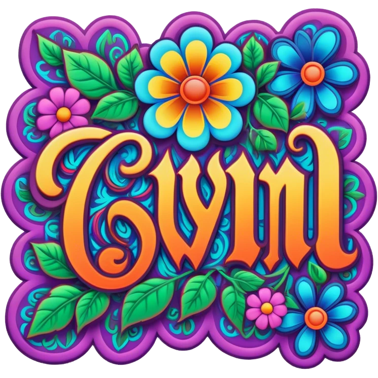 3D, gothic style psychedelic colored word “Gwynn” with hippie style flower border emoji