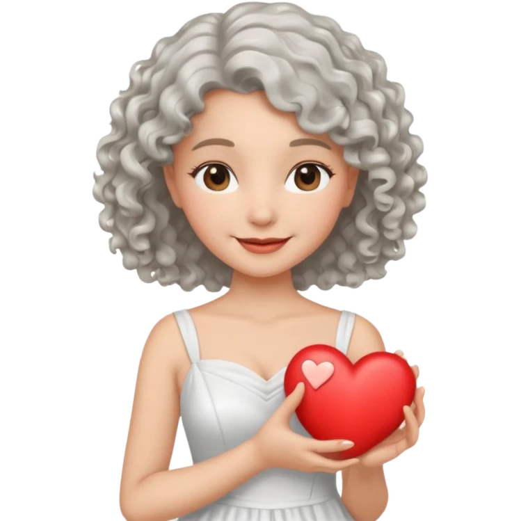 silvery curly/wavy shoulder-length hair smiling lady holding a heart emoji