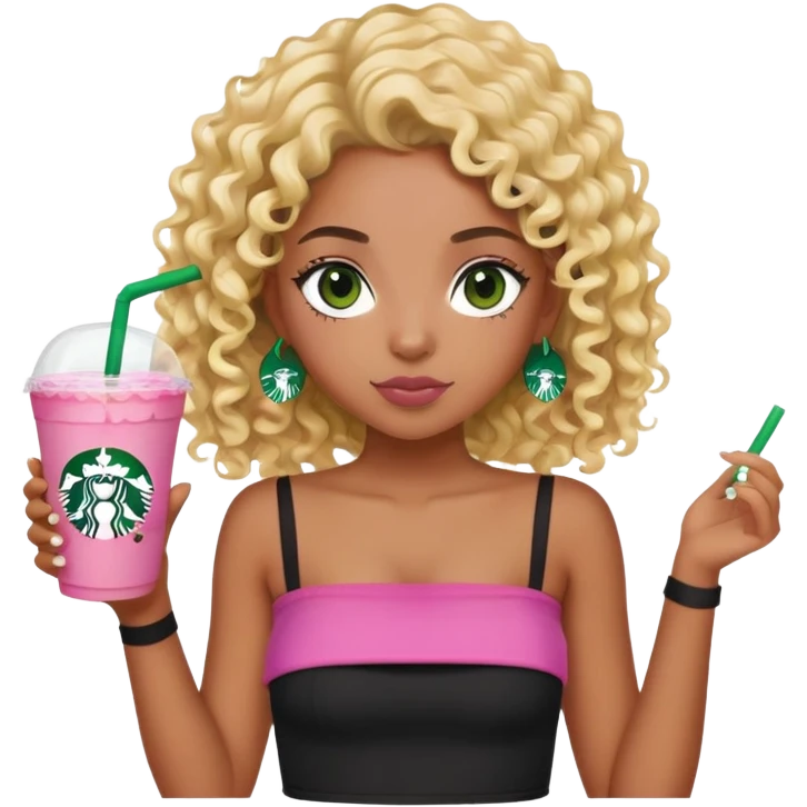 a black girl with curly wavy blonde hair and green eyes wearing a black tube top holding a starbucks pink lemonade facing forward aesthetic  emoji