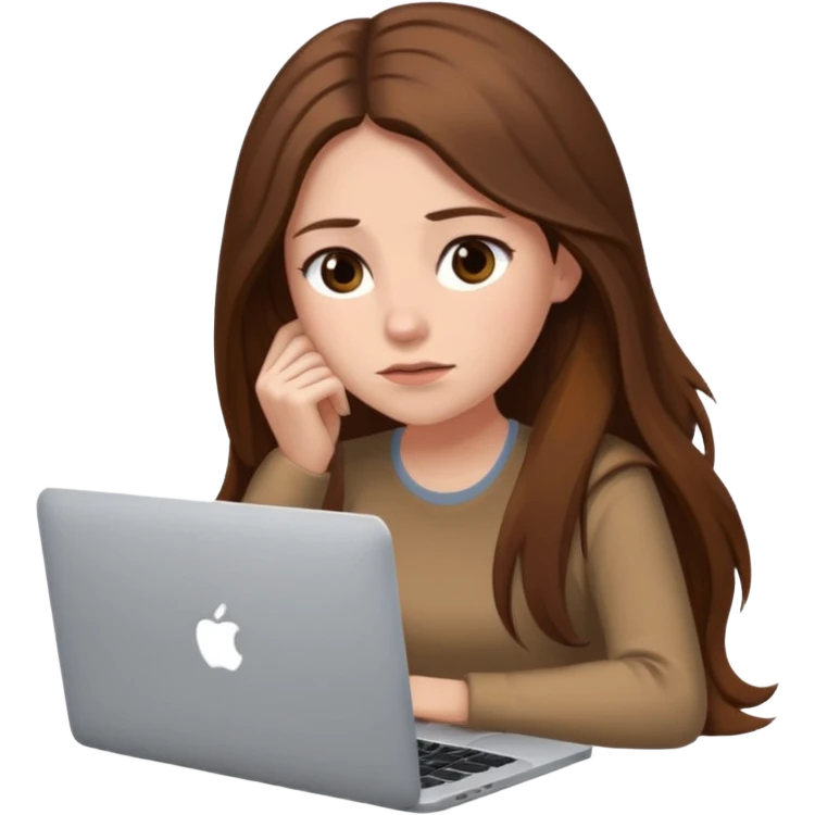 create a woman long hair brown, sitting with her macbook looking tired emoji