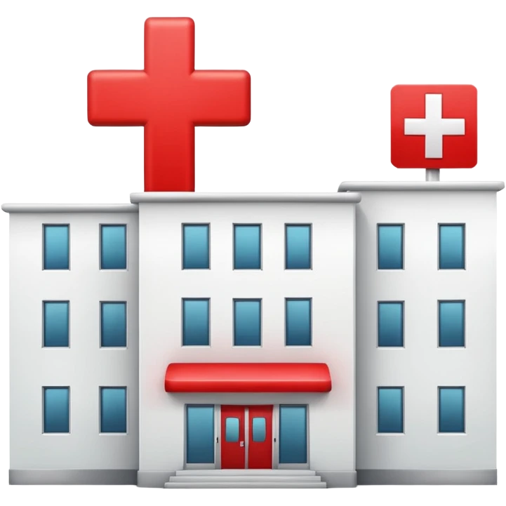 A hospital building with a large red +. In PNG format. emoji