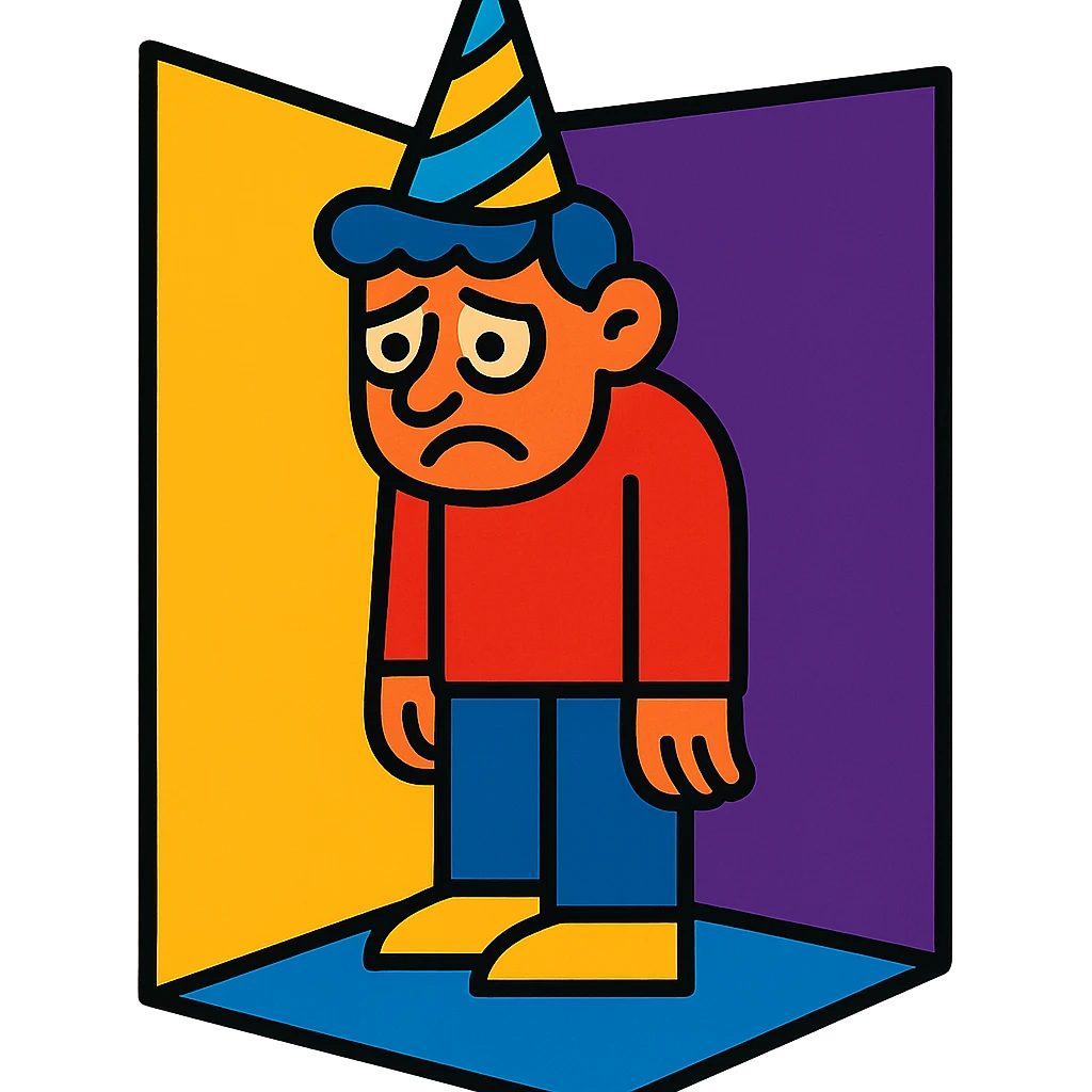 a sad partygoer wearing a party hat, standing alone in a corner, feeling forsaken, vibrant toon style emoji