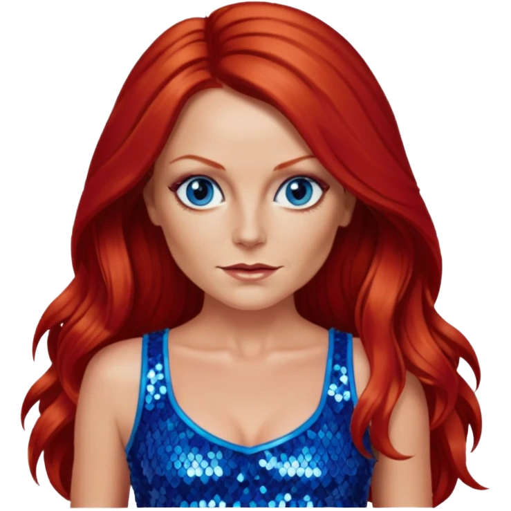 Geri Halliwell with long red hair, blue eyes, red sequin crop top emoji