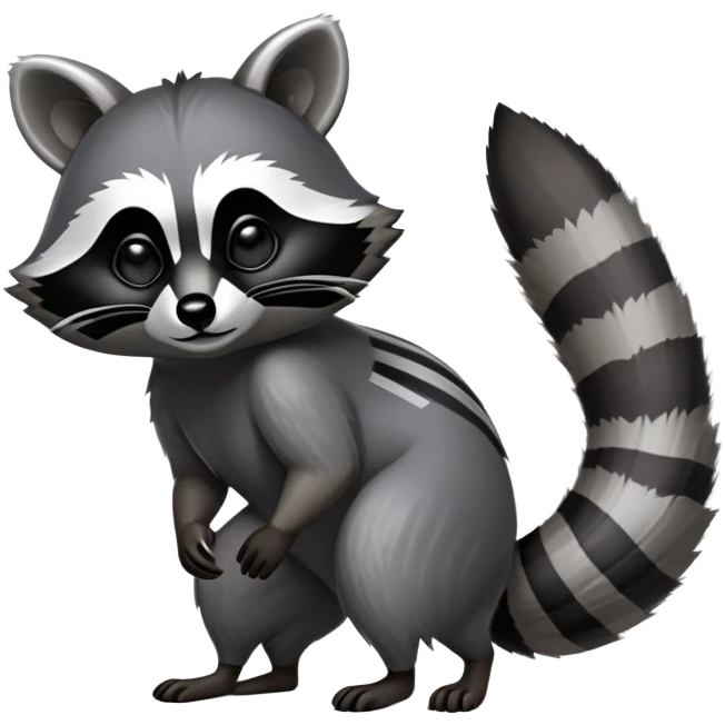 Cinematic-Raccoon-Realistic-Full-Body-Standingon all fours-Emoji – Tail flicking lazily, head tilted dramatically, thick grey fur with a signature black mask, sharp and alert ears, simplified yet realistic focused features, highly detailed, glowing with an almost sarcastic glow. emoji