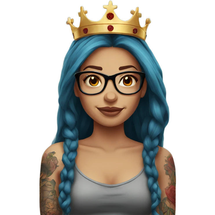 Beautiful girl, long red hair, tattoos, glasses and a crown emoji