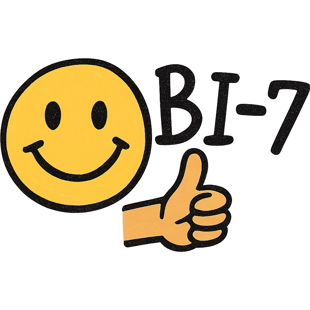 cheerful face with thumb up, 'BI-7' written in playful hand-drawn text style emoji