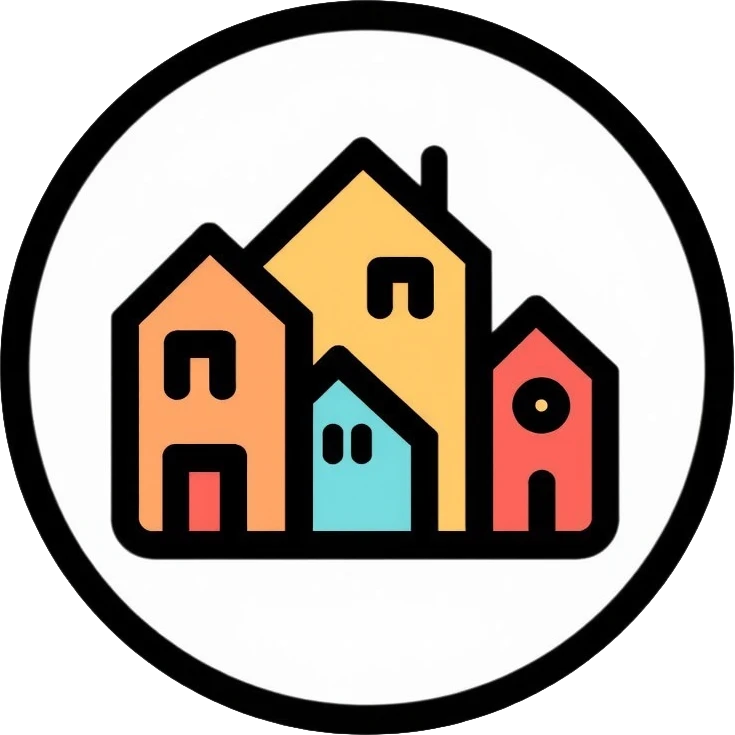 Community of houses in a circle, minimalist homelessness support logo emoji